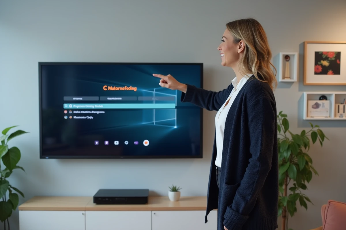Femme paramétrant le planning d'enregistrement sur le décodeur Orange TV dans un appartement moderne