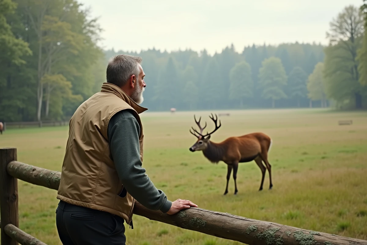 Visiteur observant un cerf dans un parc animalier en Alsace depuis une clôture en bois
