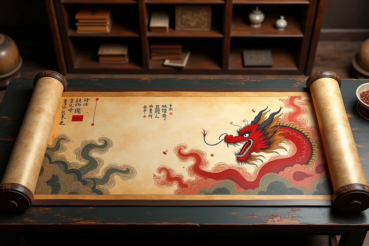 Parchemin ancien peint à la main représentant un démon aux traits expressifs avec calligraphie chinoise, posé sur une table en bois laqué dans un bureau de lettré traditionnel