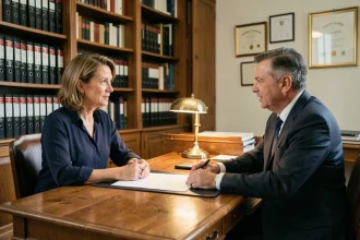 Une particulière en consultation avec un notaire dans un office notarial traditionnel, documents posés sur le bureau en bois