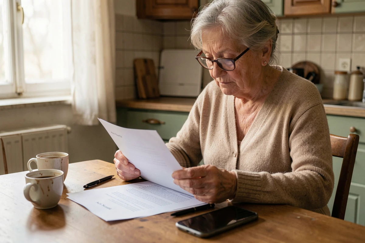 Une dame âgée lisant un acte notarié à son domicile, particulier face aux démarches notariales en France
