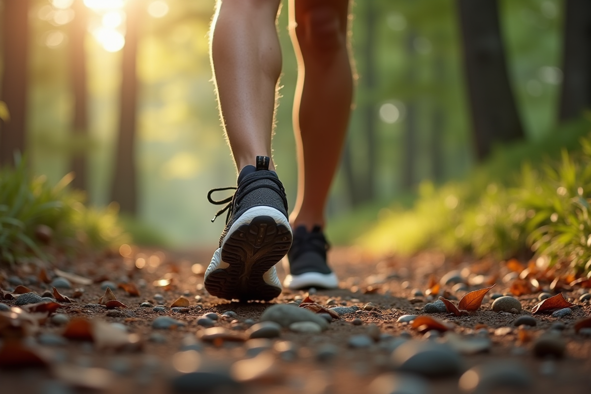 Pas en baskets confortables sur un sentier forestier au matin