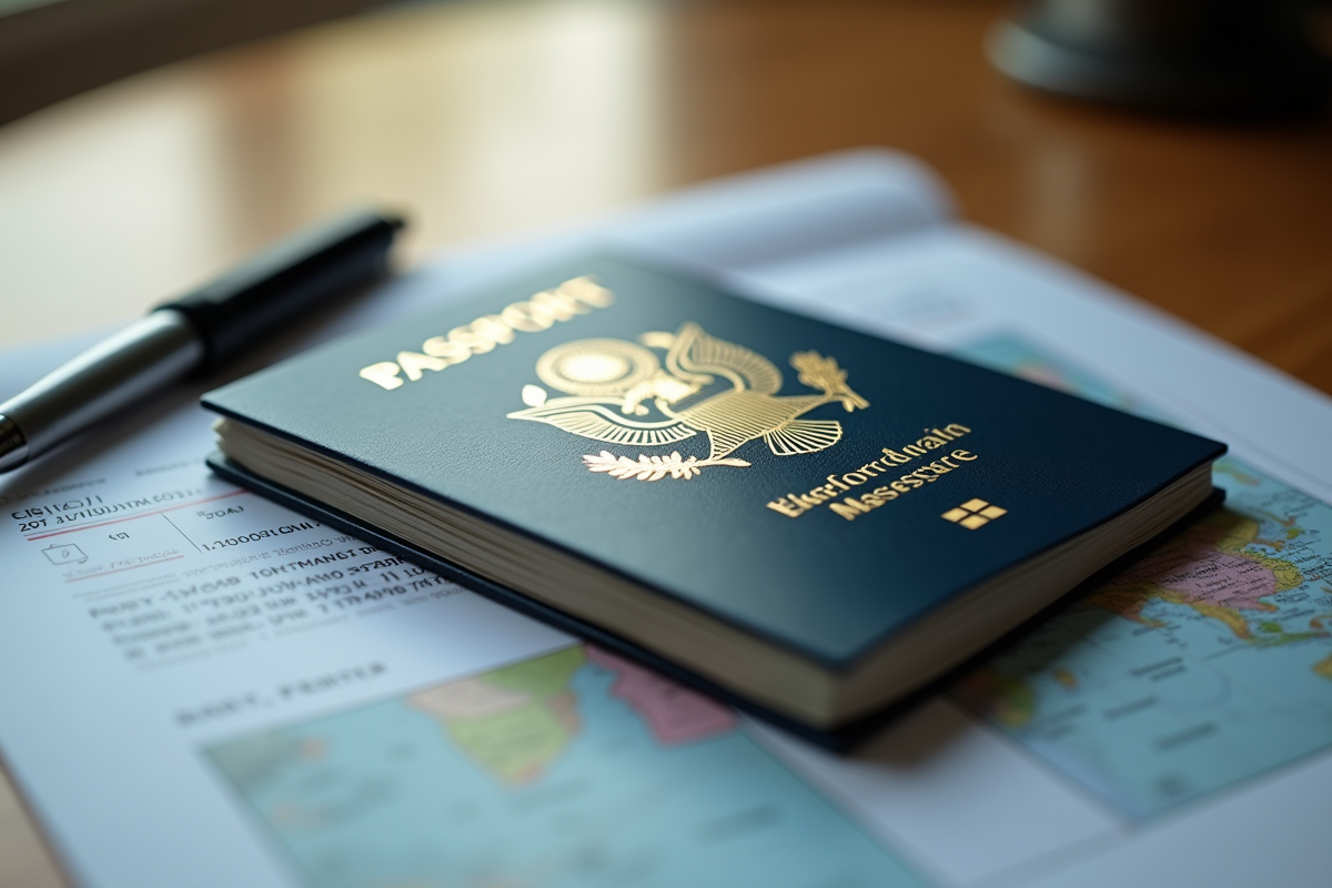 Passeport posé sur des documents de voyage avec un stylo en gros plan