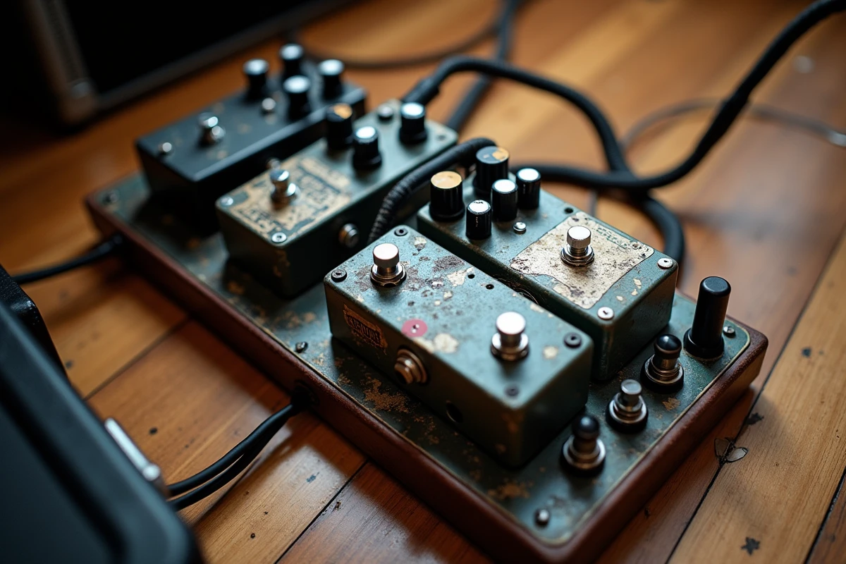 Pedalboard de guitare avec pédales d'effets analogiques distorsion et fuzz pour reproduire le son grunge de Pat Smear avec Nirvana