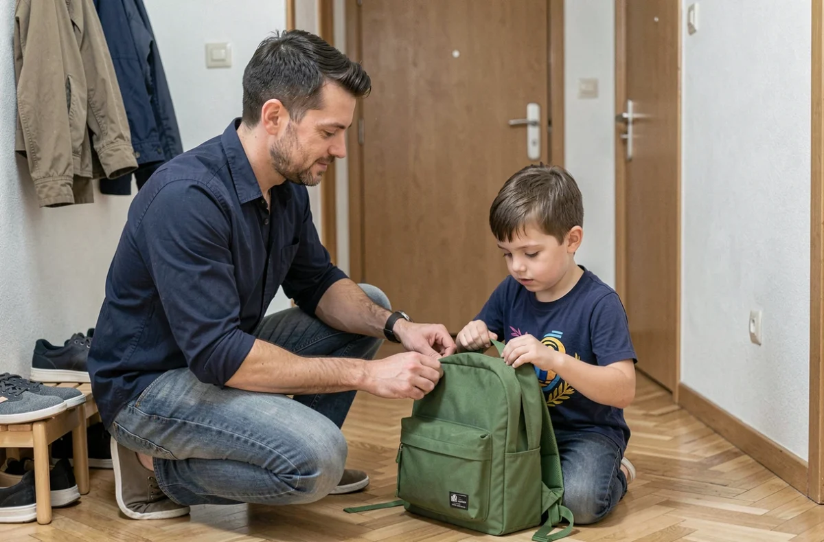 Père et enfant préparant le sac lors d'un échange de garde alternée dans un couloir d'appartement