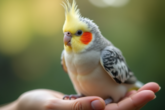 Jeune perruche perchee sur la main en lumière naturelle