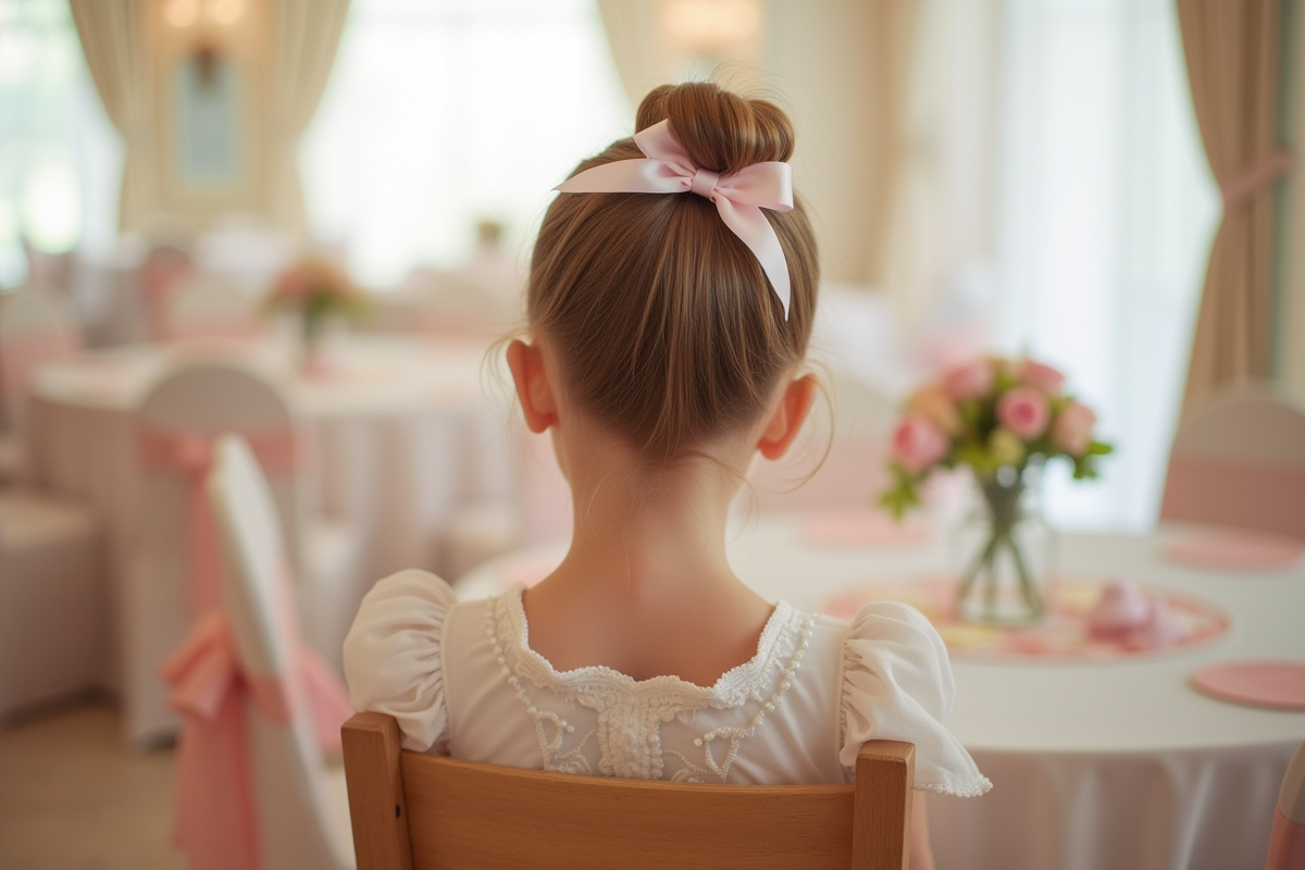 Petite fille assise avec chignon de ballerine dans une salle festive