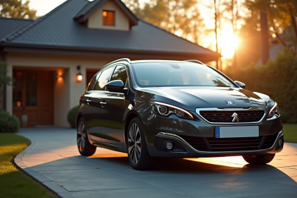 Voiture Peugeot 308 GT au matin sur une allée lumineuse