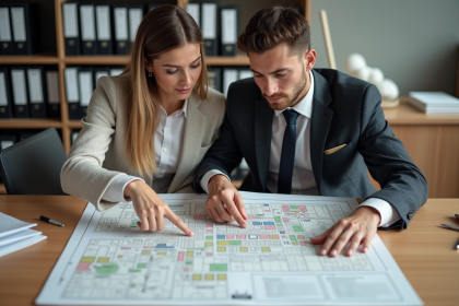 Femme et jeune homme examinent un plan de zonage en bureau