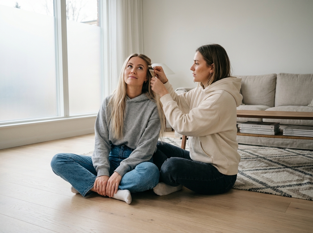 Deux amies posant des extensions adhésives sur cheveux blonds dans un salon scandinave
