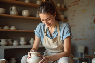 Jeune femme façonnant une vase en argile dans un atelier parisien