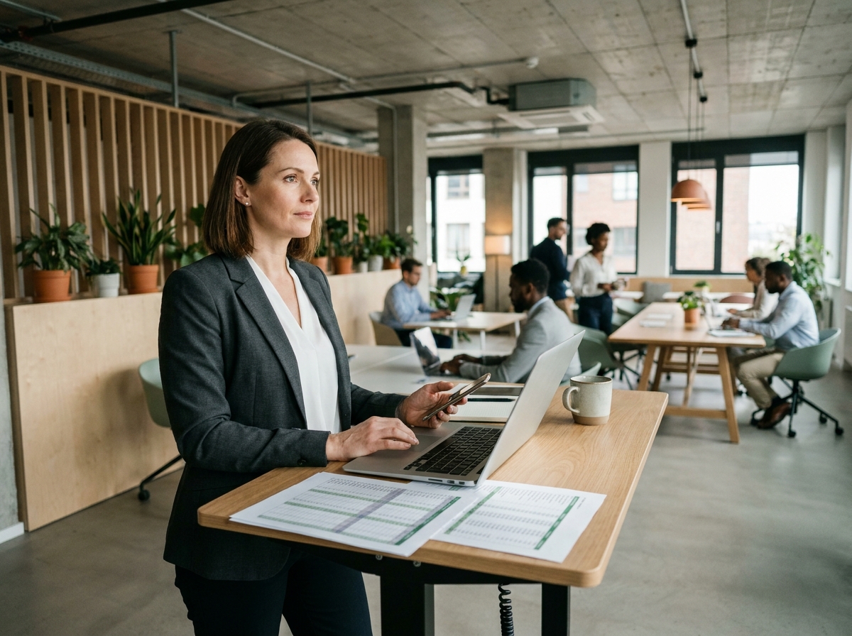 Présidente de SASU utilisant des outils de gestion numérique dans un espace de coworking professionnel