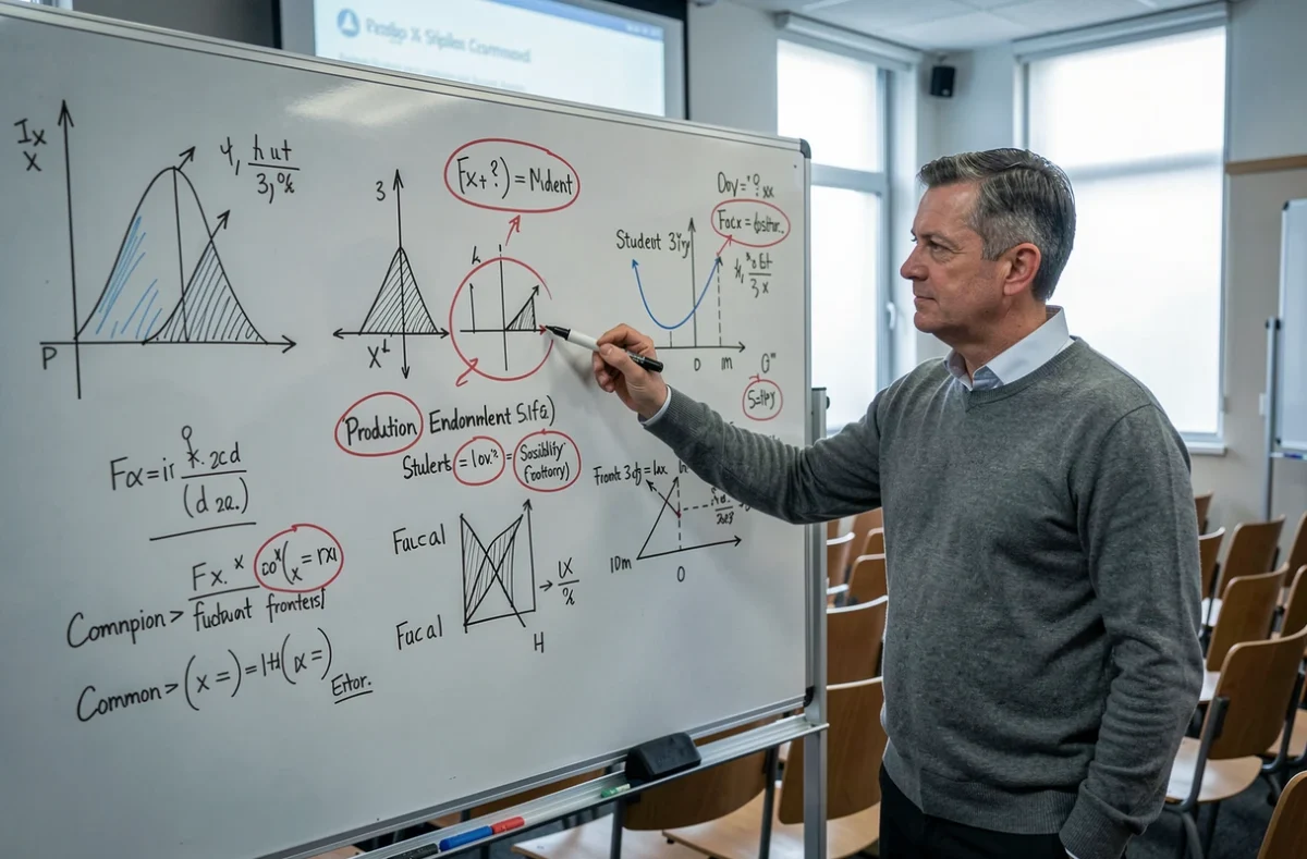 Professeur d'économie expliquant les erreurs courantes sur la dotation factorielle au tableau dans une salle de cours