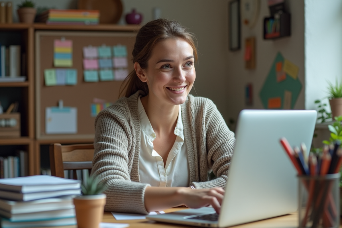 Professeure souriante utilisant un ordinateur dans son bureau