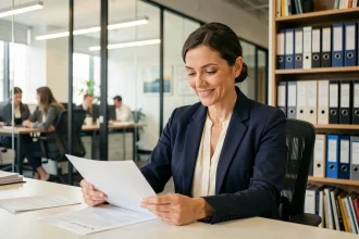 Femme cadre intermédiaire en blazer marine travaillant sur des documents dans un bureau professionnel moderne