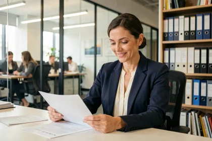 Femme cadre intermédiaire en blazer marine travaillant sur des documents dans un bureau professionnel moderne