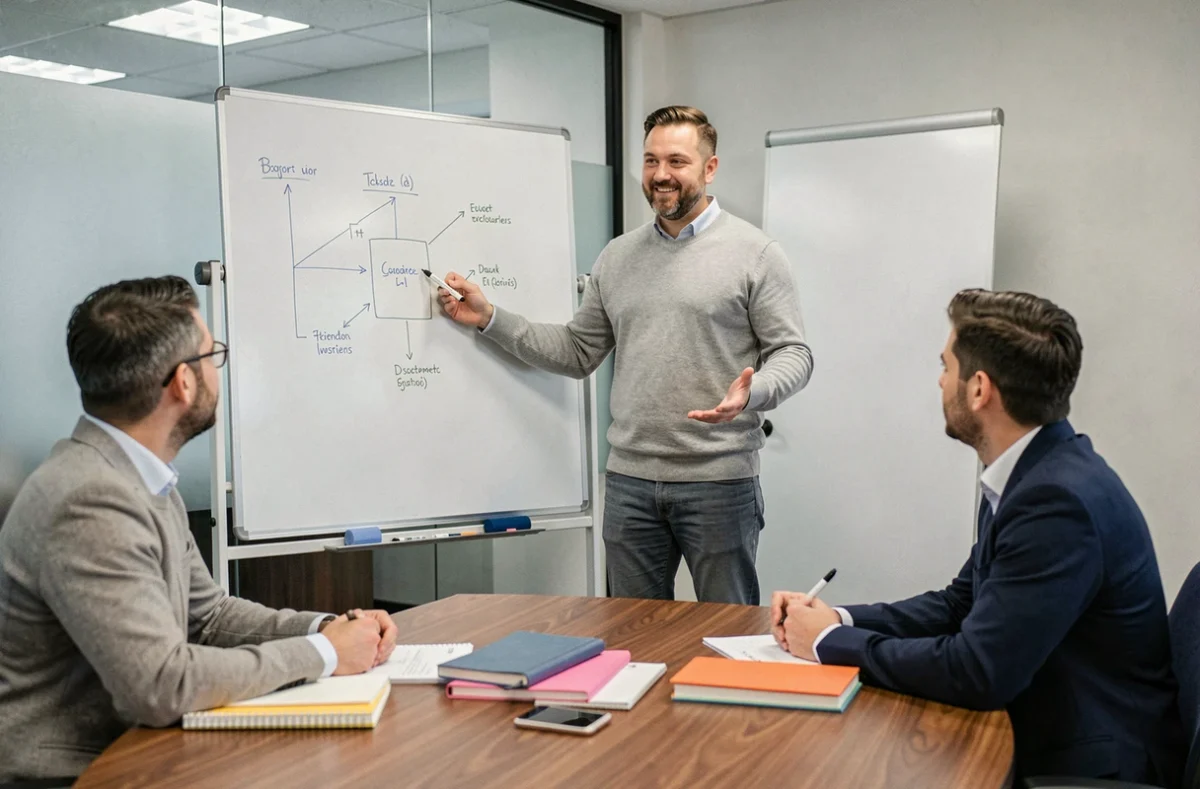 Professionnel intermédiaire expliquant un schéma à ses collègues lors d'une réunion en salle de travail