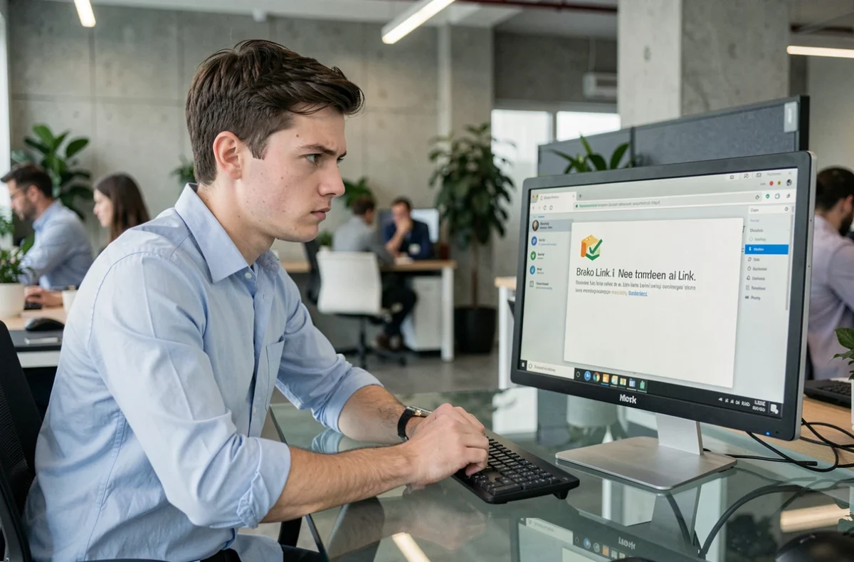 Professionnel au bureau face à un message d'erreur sur un navigateur après avoir cliqué sur un lien faljam