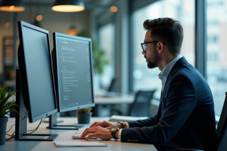 Professionnel utilisant Zimemail sur un grand écran d'ordinateur