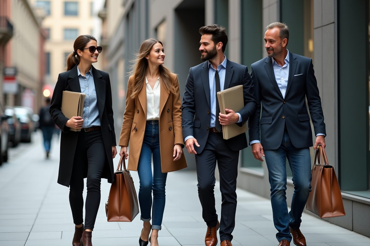Quatre experts de la mode marchant en ville avec portfolios et mood boards