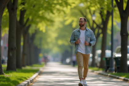 Personne marchant dans une ville ensoleillée avec montre connectée