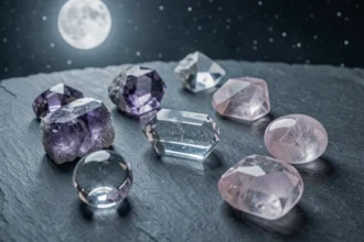 Pierres et cristaux disposés dehors sous la pleine lune pour purification lunaire