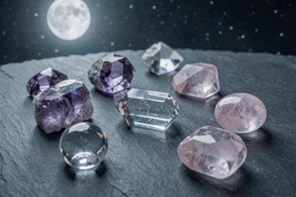 Pierres et cristaux disposés dehors sous la pleine lune pour purification lunaire