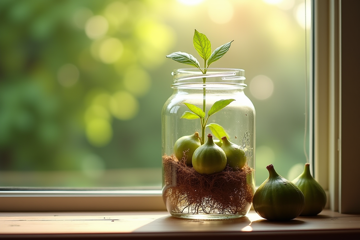 Figues en eau avec racines en développement sur une fenêtre ensoleillée