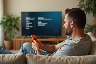 Homme utilisant la télécommande Orange TV pour configurer les réglages d'enregistrement dans son salon