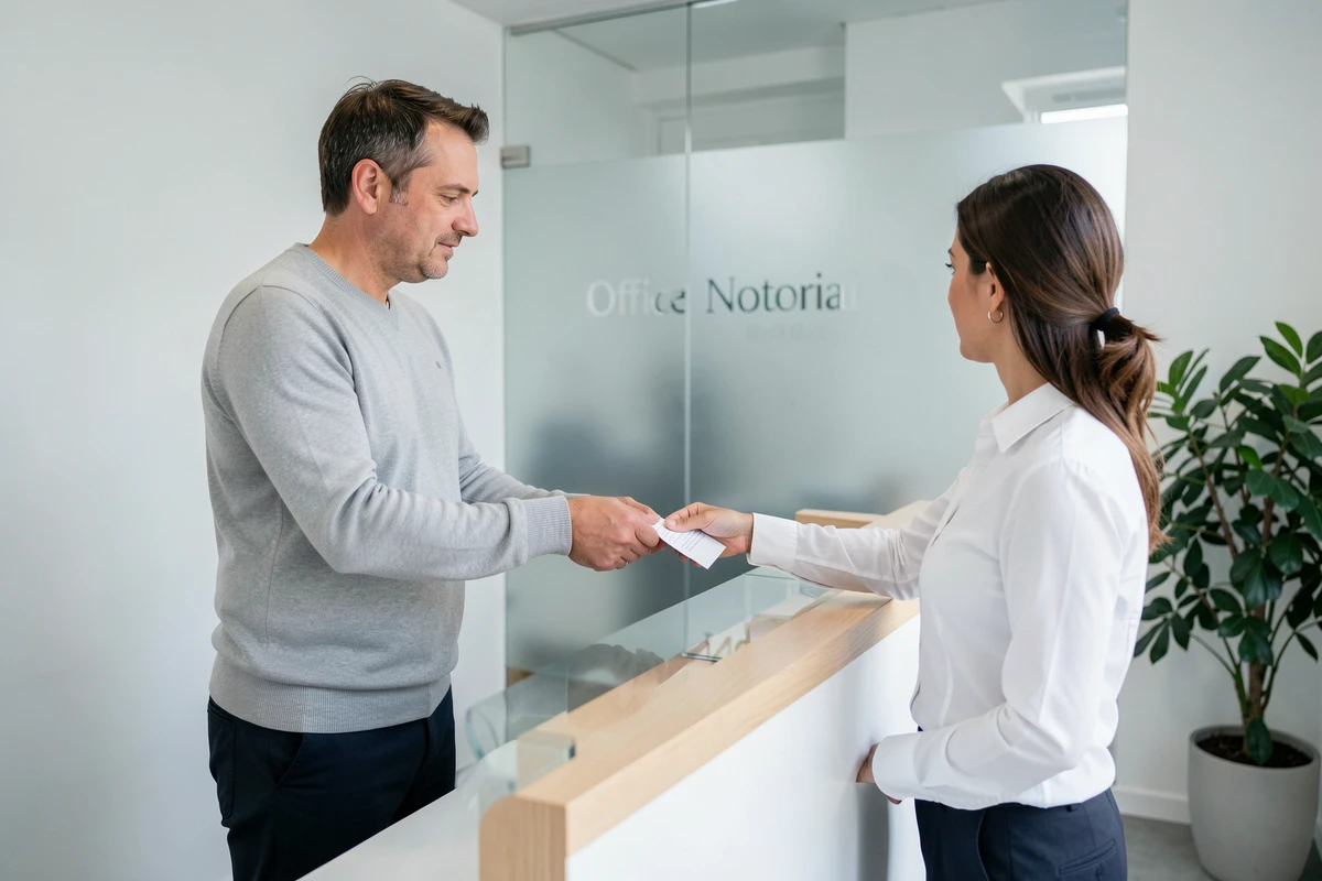 Un homme remettant des documents à l'accueil d'un office notarial moderne en France