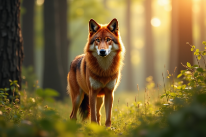 Renard à pattes noires dans une forêt ensoleillée