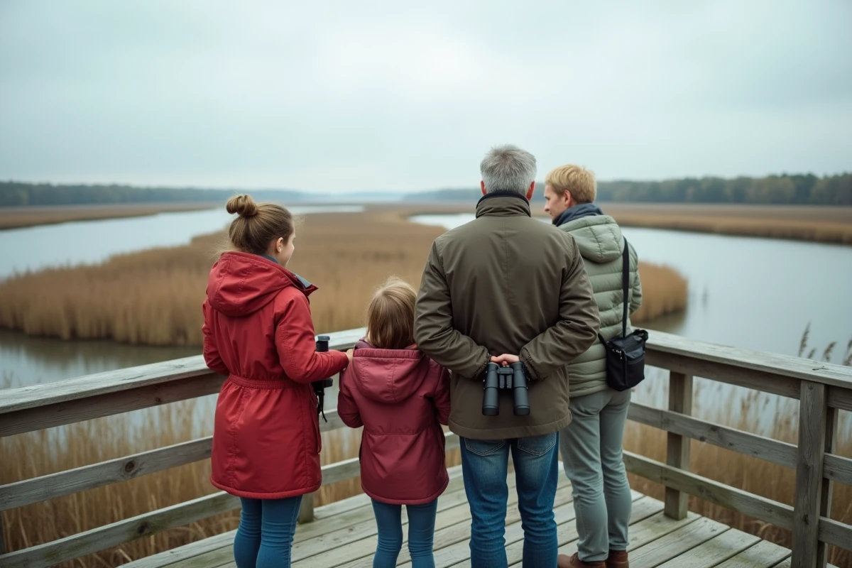 Famille sur une plateforme d'observation contemplant une réserve naturelle humide en Alsace