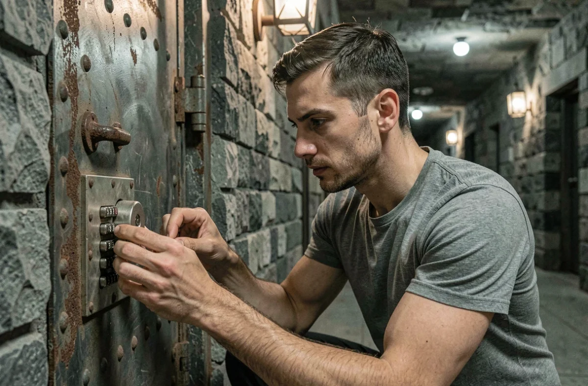 Homme examinant un cadenas à combinaison sur une porte en pierre dans un couloir d'escape room niveau après niveau