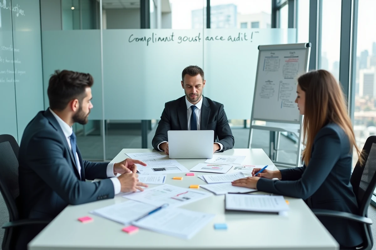 Équipe professionnelle en réunion autour de documents d'audit et de conformité en entreprise