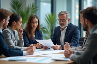 Manager en costume bleu examine documents d'efficacite energetique