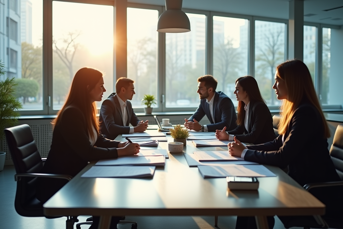 Groupe de professionnels discutant autour de documents juridiques