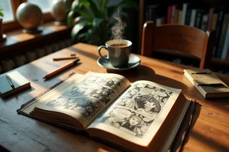 Volume de manga ouvert sur un bureau en bois avec des notes d'analyse manuscrites et une tasse, ambiance étude éditoriale sur Saint Garling Figarland