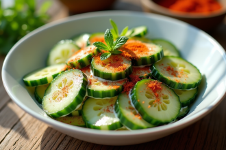 Salade de concombre frais avec sauce crémeuse et épices colorées