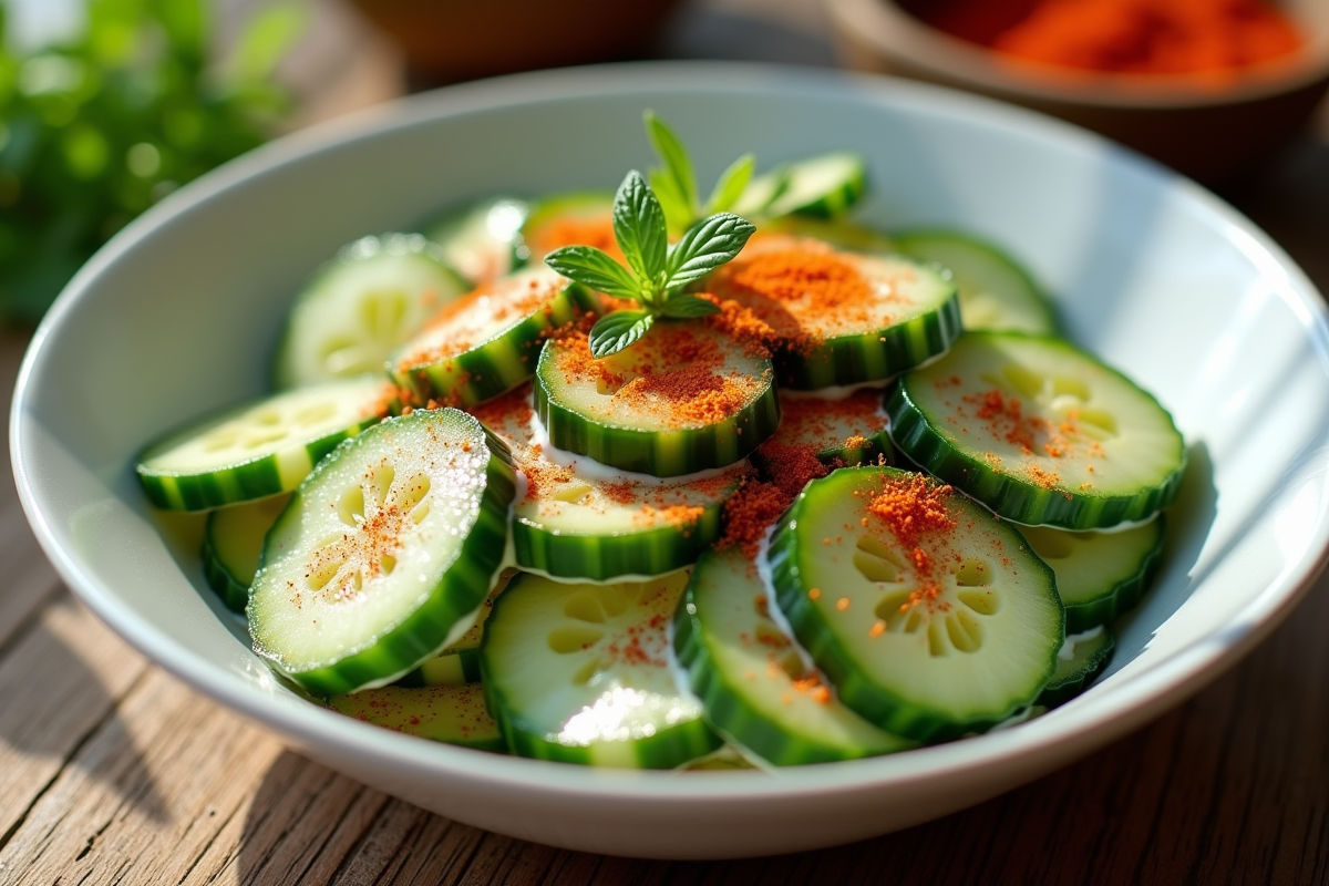 Salade de concombre frais avec sauce crémeuse et épices colorées