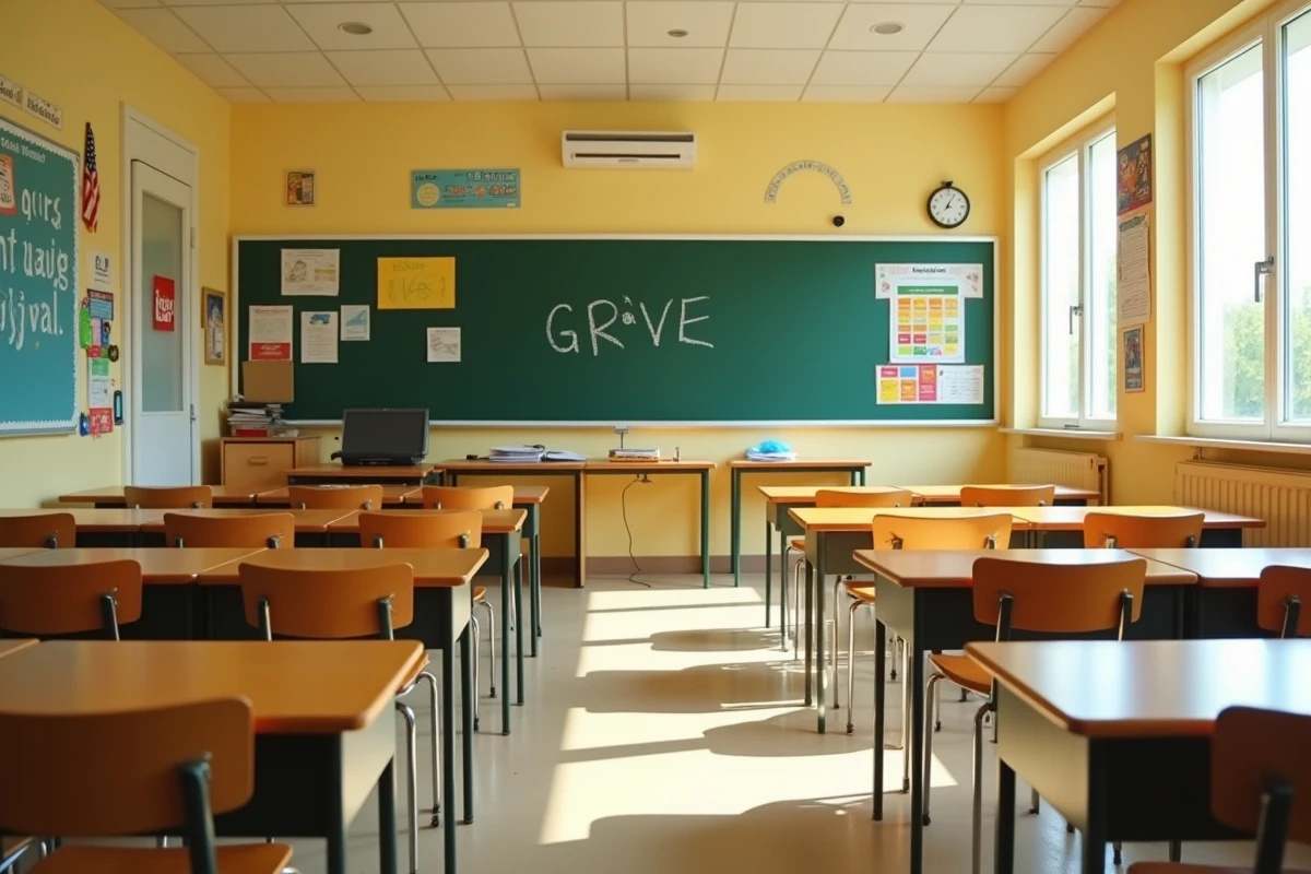 Salle de classe vide d'une école primaire française pendant une journée de grève des enseignants