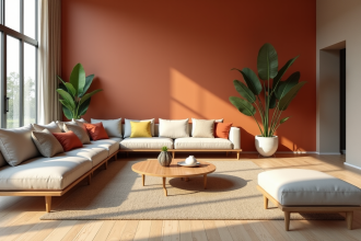 Salon moderne avec murs terracotta et lumière naturelle