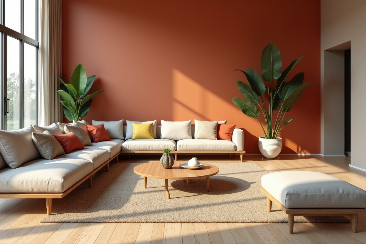 Salon moderne avec murs terracotta et lumière naturelle