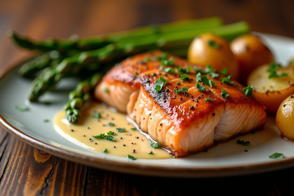 Saumon grillé avec pommes de terre et asperges vertes