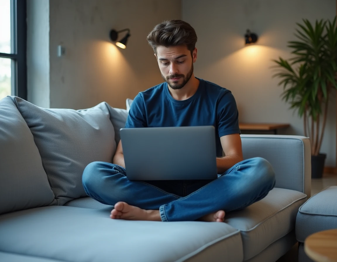 Homme lisant des scans de manga en VF sur un ordinateur portable dans un salon moderne