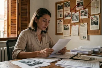 Scénariste espagnole concentrée travaillant sur une série inspirée de faits réels dans son bureau madrilène