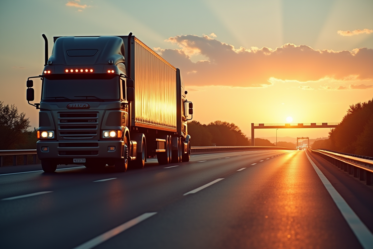 Remorquage de camion commercial sur la route au coucher du soleil