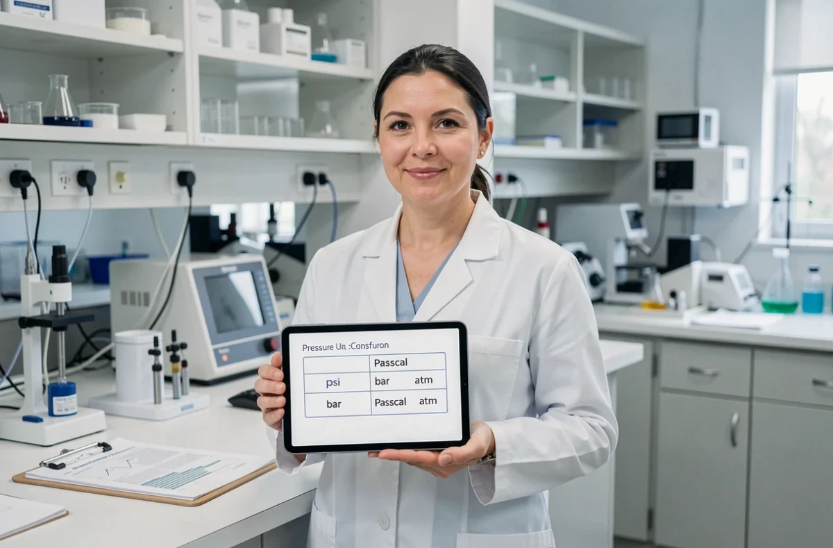 Femme scientifique en laboratoire consultant un tableau de conversion d'unités de pression sur une tablette numérique