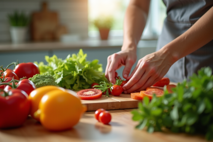 Mains choisissant des fruits et légumes frais à la cuisine