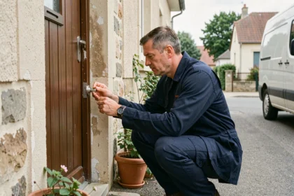 Un serrurier professionnel examine une serrure sur une porte d'entrée dans un quartier résidentiel du Val-d'Oise