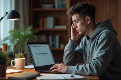 Homme frustré devant un ordinateur portable affichant une page d'erreur de site web bloqué